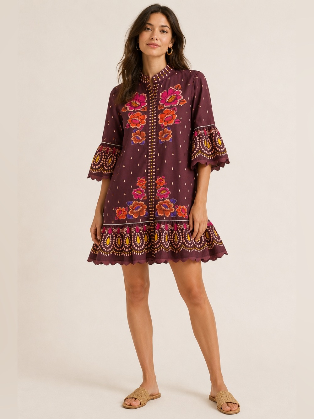 Farm Rio Floral Print Mini Dress Bell Sleeve Ruffle Hem Boho XS